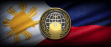 a philippine flag is behind a gold emblem with a globe on it