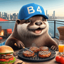 an otter wearing a blue hat with the letter b4