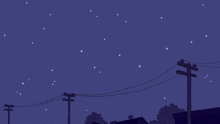 a cartoon drawing of a starry night sky with power lines in the foreground