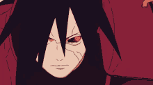 a cartoon character with red eyes and black hair