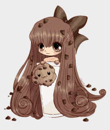 a drawing of a girl holding a cookie and a glass of milk