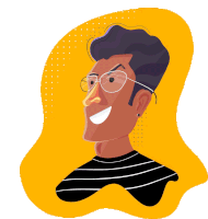 a cartoon drawing of a man wearing glasses and a black shirt