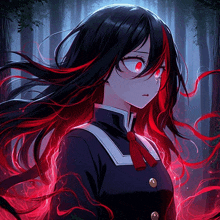 a girl with long black hair and red highlights is standing in a forest