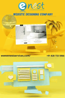 an advertisement for e nest website designing company shows a computer screen with a hotel website on it