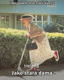 an older woman riding a scooter with the name helena on it