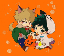 a drawing of two anime characters holding a pumpkin and candy