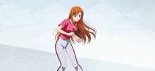 a girl with long orange hair is wearing a pink t-shirt