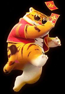 a cartoon tiger is wearing sunglasses and holding a red flag with a gold coin on it