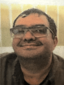 a man wearing glasses and a mustache smiles for the camera