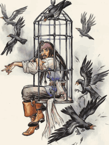 a drawing of a pirate in a cage surrounded by birds