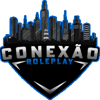 a logo for conexao roleplay has a city skyline in the background