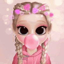 a cute cartoon girl is blowing a pink bubble with a crown of hearts on her head .