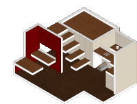 an isometric drawing of a house with stairs and a red wall