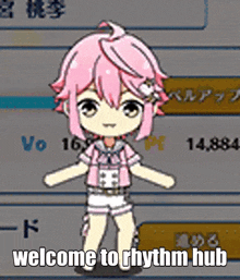 a girl with pink hair is standing in front of a welcome to rhythm hub sign