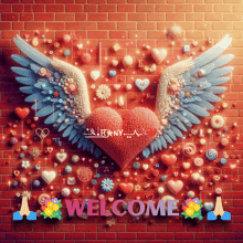 a red brick wall with a heart with wings and the word welcome