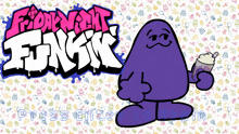 a purple cartoon character holding a drink in front of a friday night funkin logo