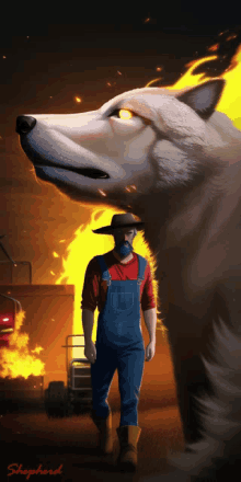 a man in overalls and a cowboy hat stands next to a large wolf with the word shepherd written on the bottom