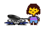 a pixel art of frisk holding a frying pan .