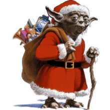 a painting of yoda dressed as santa claus