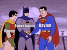 batman , robin and superman are standing next to each other and shaking hands .