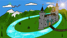 a cartoon of a castle surrounded by mountains and trees