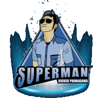 a logo for superman kicker primagama shows a man wearing sunglasses and a blue shirt