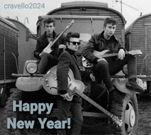 a black and white photo of three men with guitars and the words happy new year