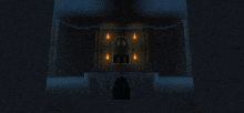 a computer generated image of a dark room with candles on the walls