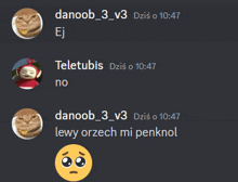 a screenshot of a chat between danoob and teletubis