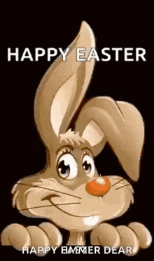 a cartoon easter bunny with a carrot in its mouth and the words `` happy easter happy ememer dear ''