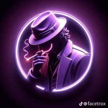 a man in a purple hat is smoking a cigarette in a circle