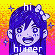 a drawing of a girl with a bow on her head and the words `` hi hi icer '' written on it .