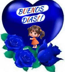 a little girl is standing next to a blue heart that says buenos dias