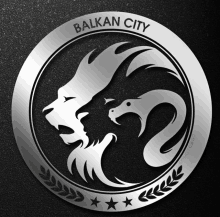 a silver emblem with a lion and snake says ' balkan city ' on it