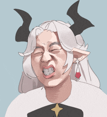 a drawing of a woman with white hair and horns