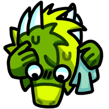 a cartoon drawing of a green monster covering his face with his hand