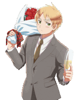 a man in a suit is holding a glass of champagne and a bouquet of flowers