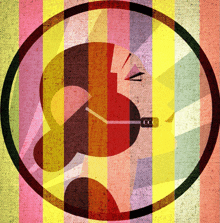 a colorful circle with a woman 's face and a clock in it