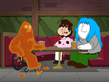 three cartoon characters sit at a table with a pink hello kitty cake