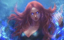 a woman with long red hair and blue eyes is surrounded by water