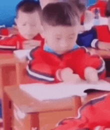 a group of young children are sitting at desks in a classroom .