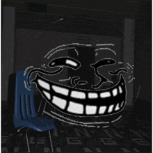 a black and white drawing of a troll face with a blue chair in the foreground