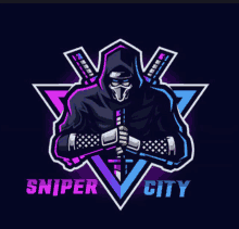 a logo for sniper city shows a sniper holding a sword