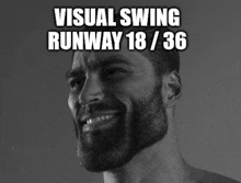 a man with a beard is smiling with the words visual swing runway 18 / 36 below him