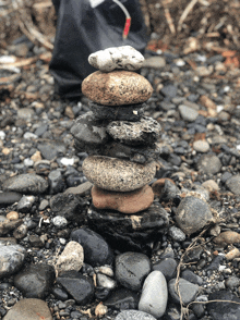 a pile of rocks stacked on top of each other on a rocky beach