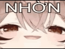 a close up of a anime girl 's face with the word nhon written on it .