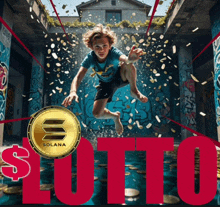 a picture of a boy jumping in the air with a coin that says solana