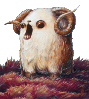 a painting of a sheep with horns and the letter r on the bottom left