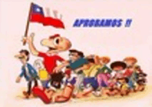 a cartoon of a man holding a flag and a group of people .