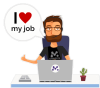 a cartoon of a man sitting in front of a laptop with a speech bubble saying i love my job